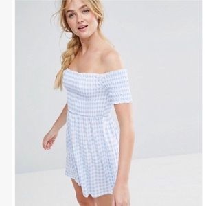 ASOS blue gingham bardot off the shoulder dress